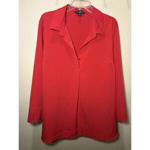 Blouse Red 100% Polyester Long Sleeve XL Women Investments Paige Button Collared